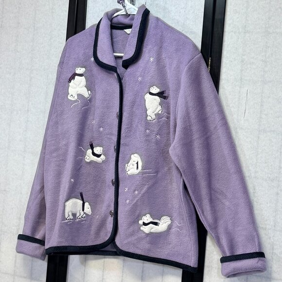 Christopher & Banks Purple Polar Bear Embroidered Button Up L Fleece Jacket NWT - Picture 4 of 11